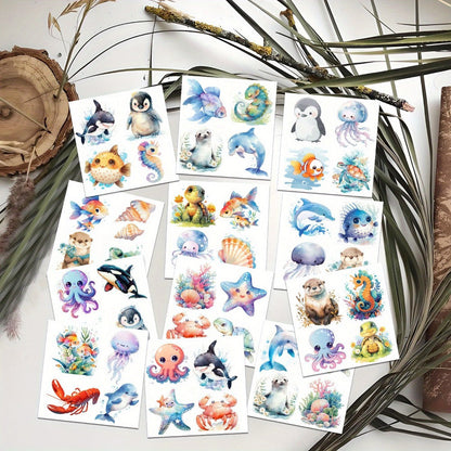Ocean Animals Temporary Tattoo Stickers 12 Sheets 48 Designs Underwater Sea Creatures Cartoon Vibrant Body Art for Kids Adults Birthday Party Summer Beach Favors