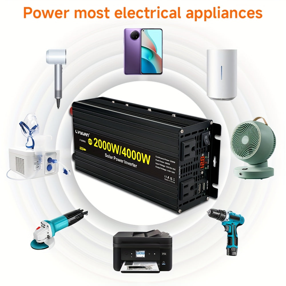 Lvyuan 2000W/4000W Peak/DC 12V to AC 110V/130V Car Power Inverter with LED, 2000W with 2 US Sockets 2 USB Ports for Auto, Vehicle, RV, Outdoor, Home