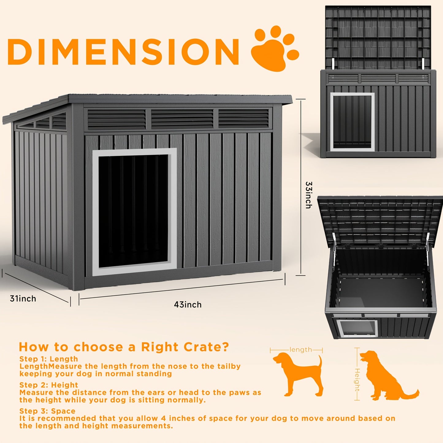 Outdoor Dog House Resin Kennel – All-Weather Slant Roof Dog Villa with Gas-Lift Ventilated Canopy, UV & Stormproof, Removable Top, Indoor Outdoor Shelter for Large Dogs & Multi-Pet Households