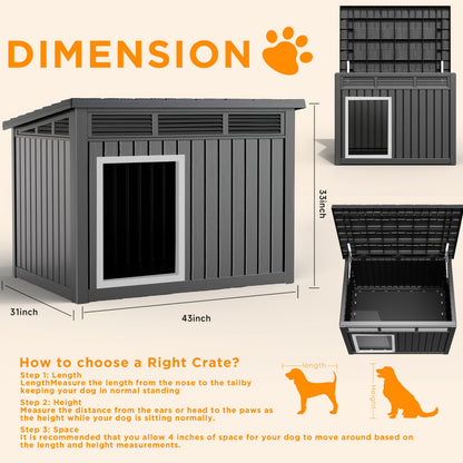 Outdoor Dog House Resin Kennel – All-Weather Slant Roof Dog Villa with Gas-Lift Ventilated Canopy, UV & Stormproof, Removable Top, Indoor Outdoor Shelter for Large Dogs & Multi-Pet Households