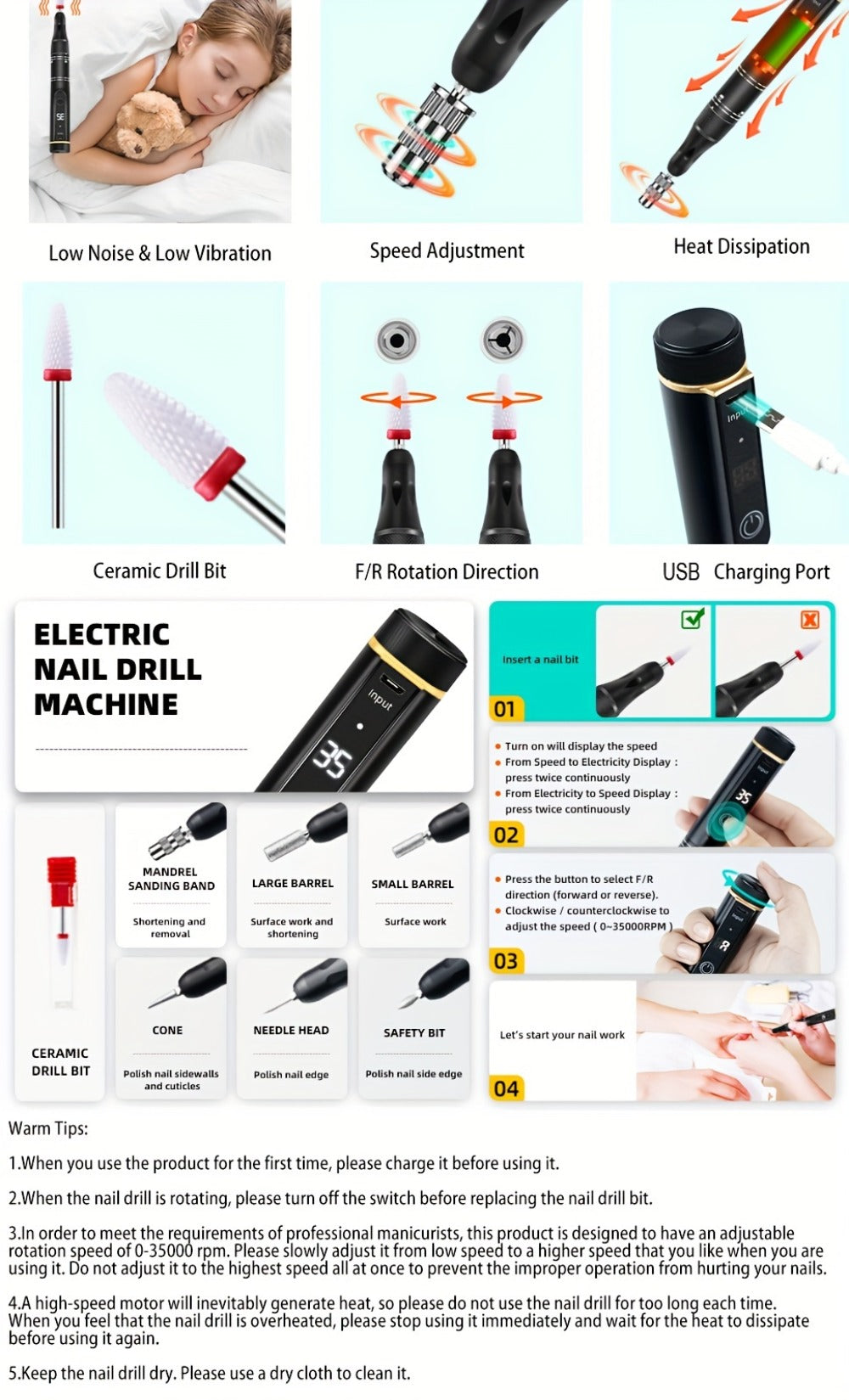 Nail Drill Machine 35000 RPM LCD Display Rechargeable Portable Electric Nail File with Forward Reverse Rotation Low Noise – Professional Nail Grinder for Gel Acrylic Natural Nails Manicure Pedicure Home Salon