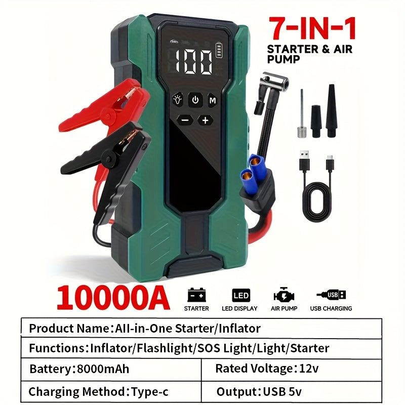 10000A 7-in-1 Multi-functional Emergency Start Power Supply with Air Pump, 150PSL Portable Car Battery Starter, Digital Tire Inflator, Suitable for 2.64 Gallon Gasoline Or 2.38 Gallon Diesel Battery, LED Emergency Light, Car Emergency Tool.