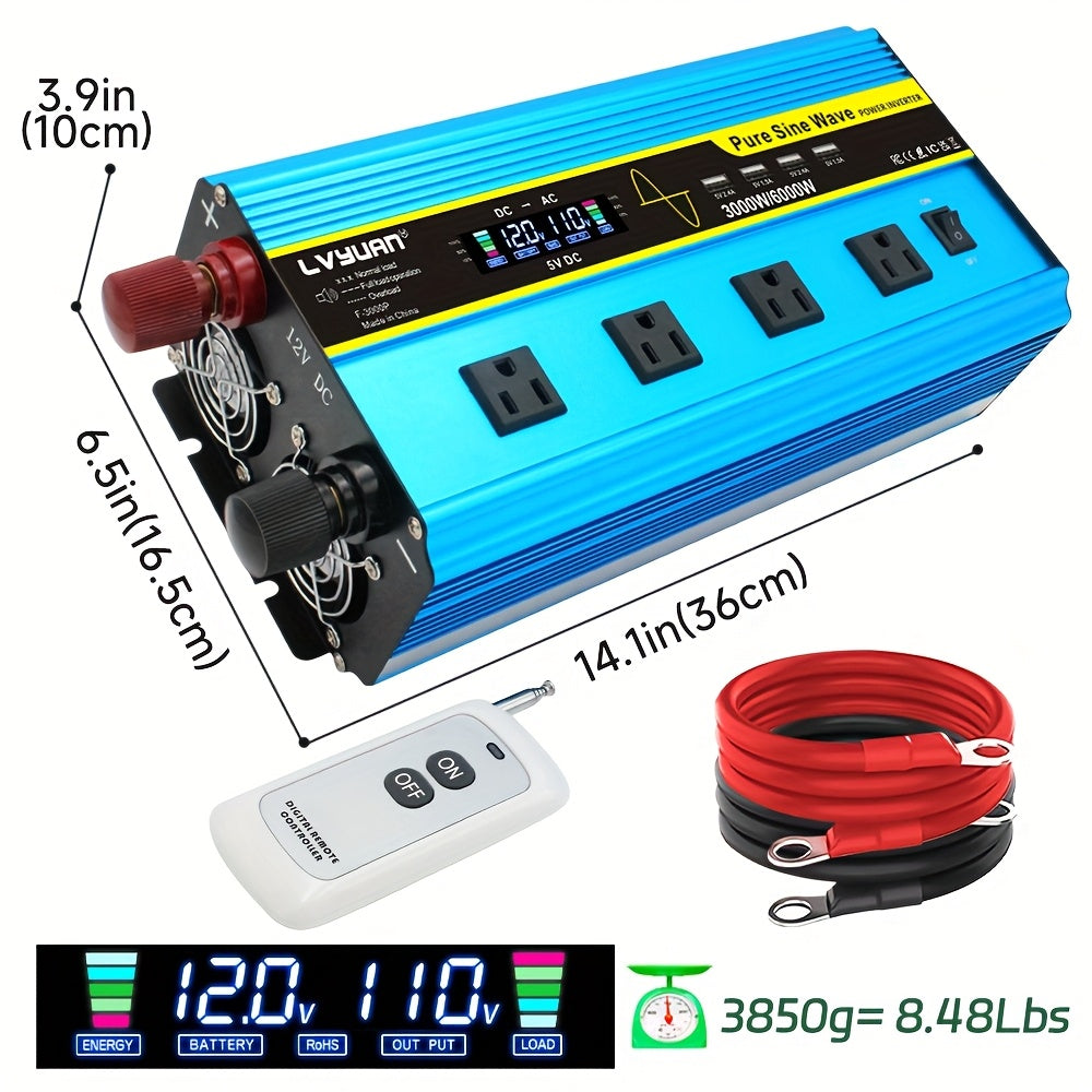 LVYUAN Pure Sine Wave Inverter 3000 Watt/6000W(Peak)Inverter 12V to 110V DC to AC with Remote Controller, LCD Display 4 AC Sockets And 4 USB Charge Ports for Home Car Truck Solar System