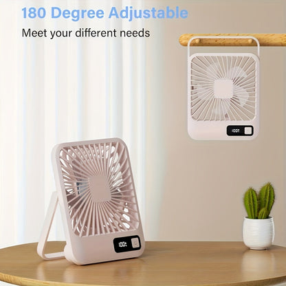 Mini Desktop Fan Square Design | Ultra-Quiet 5-Speed USB Rechargeable 1800mAh Portable Cooling Fan for Home, Office, Car & Travel – Compact Lightweight Personal Desk Fan, White & Pink