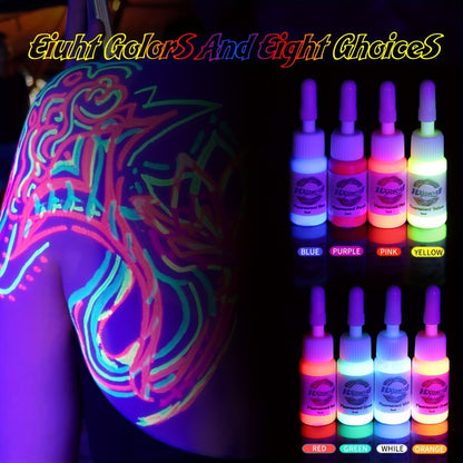 UV Fluorescent Tattoo Ink Kit 8 Colors Glow Under Blacklight – Safe Non-Toxic 5ml Bottles Professional Neon Body Art Ink Set for UV Tattoos Raves Festivals Clubs Blacklight Events