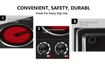 Electric Infrared Cooktop Double Burner Hot Plate – 1800W Portable Dual Temperature Control, Easy-Clean Smooth Surface, Countertop Infrared Stove for Home Kitchen & Dorm, Black or Silver