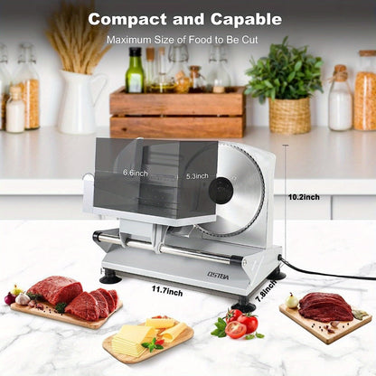 Electric Meat Slicer for Home Use – Deli Food Slicer with 2 Removable Stainless Steel Blades, Adjustable Thickness, Food Carriage for Meat, Cheese & Bread