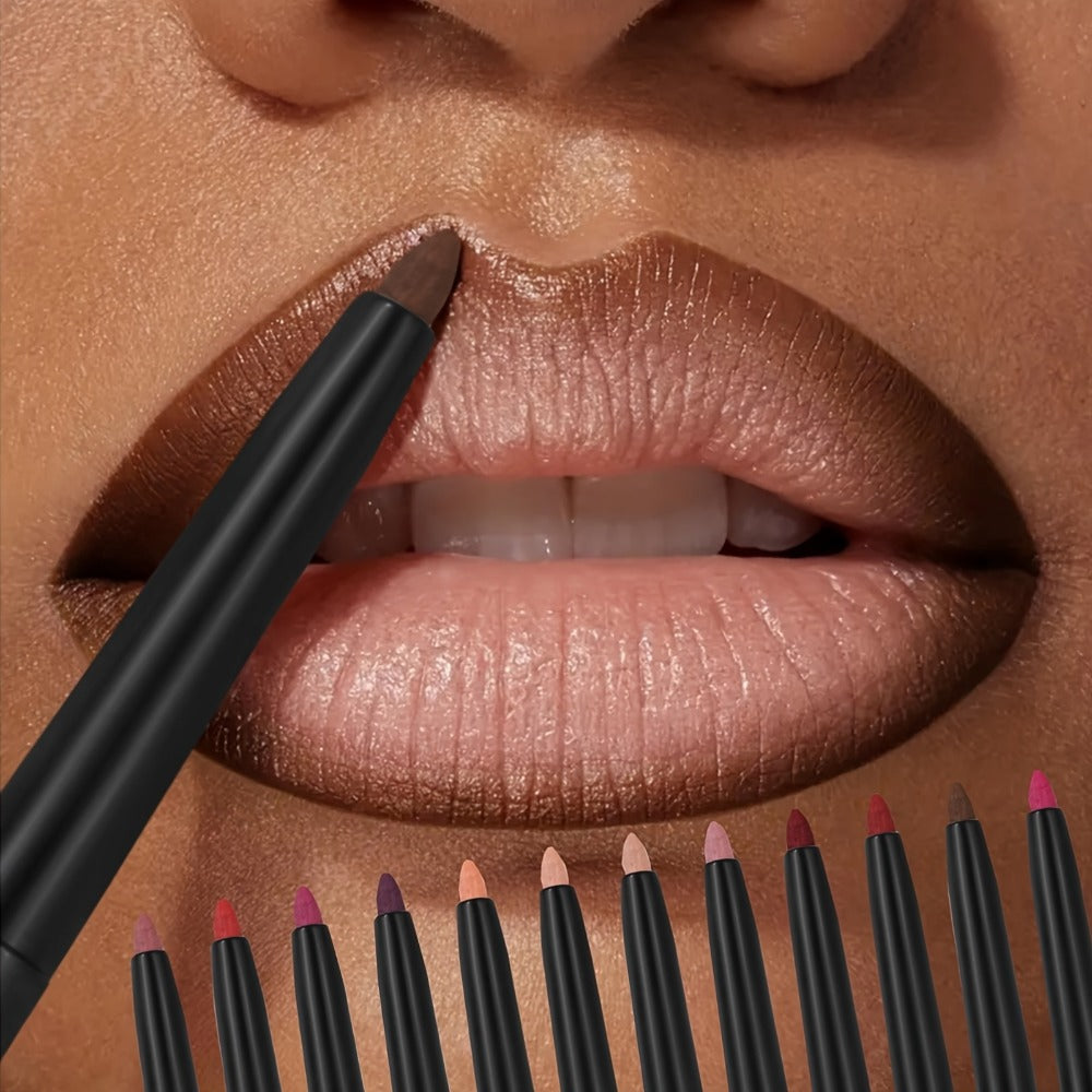 Waterproof Lip Liner Pencil Set 12 Pieces Long Lasting Multi-Functional Lip Eye & Brow Liner — Colorful Cosmetic Makeup Pens for All Skin Tones Precise Definition