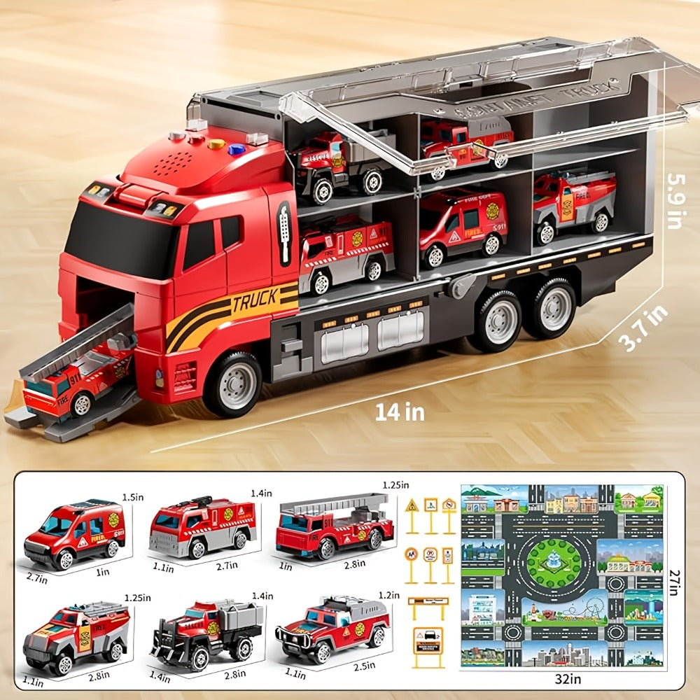 Fire Truck Toy Set for Kids Ages 3-6 – Die-Cast Metal Carrier Truck with Play Mat, Emergency Vehicle Collection, Birthday Christmas Gift for Boys Girls