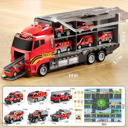 Fire Truck Toy Set for Kids Ages 3-6 – Die-Cast Metal Carrier Truck with Play Mat, Emergency Vehicle Collection, Birthday Christmas Gift for Boys Girls