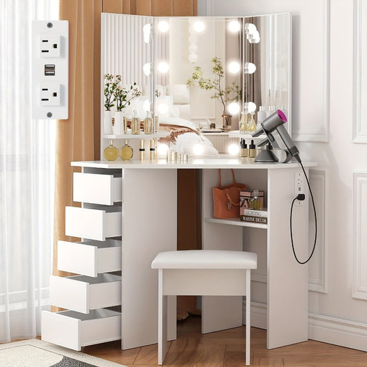 Vanity Desk, 42" Corner Makeup with Tri-Mirror, Lights & Outlet, 5 Sliding or Rotating shown in the main product view