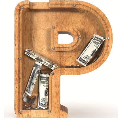 Wooden Letter Penny Bank – Alphabet Coin Bank Savings Box for Kids & Adults, Personalized Money Bank Birthday Gift, A to Z Initial Letter Bank