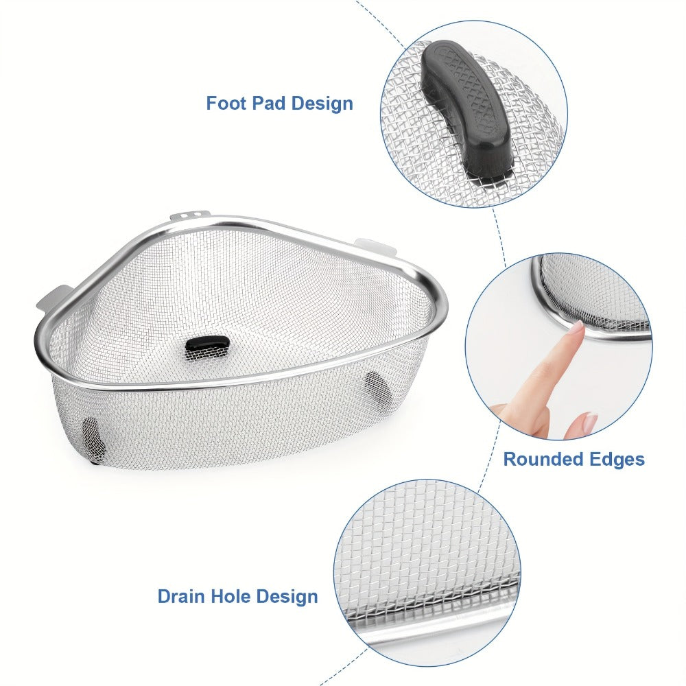 Stainless Steel Sink Strainer Basket 304 Grade Triangular Space-Saving Design – Dual-Use Stand & Hang, Mesh Filter for Food Waste & Clog Prevention, Kitchen & RV Drain Basket 8.6×6.1×3.1 Inch