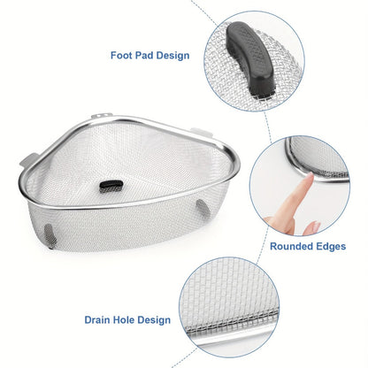 Stainless Steel Sink Strainer Basket 304 Grade Triangular Space-Saving Design – Dual-Use Stand & Hang, Mesh Filter for Food Waste & Clog Prevention, Kitchen & RV Drain Basket 8.6×6.1×3.1 Inch