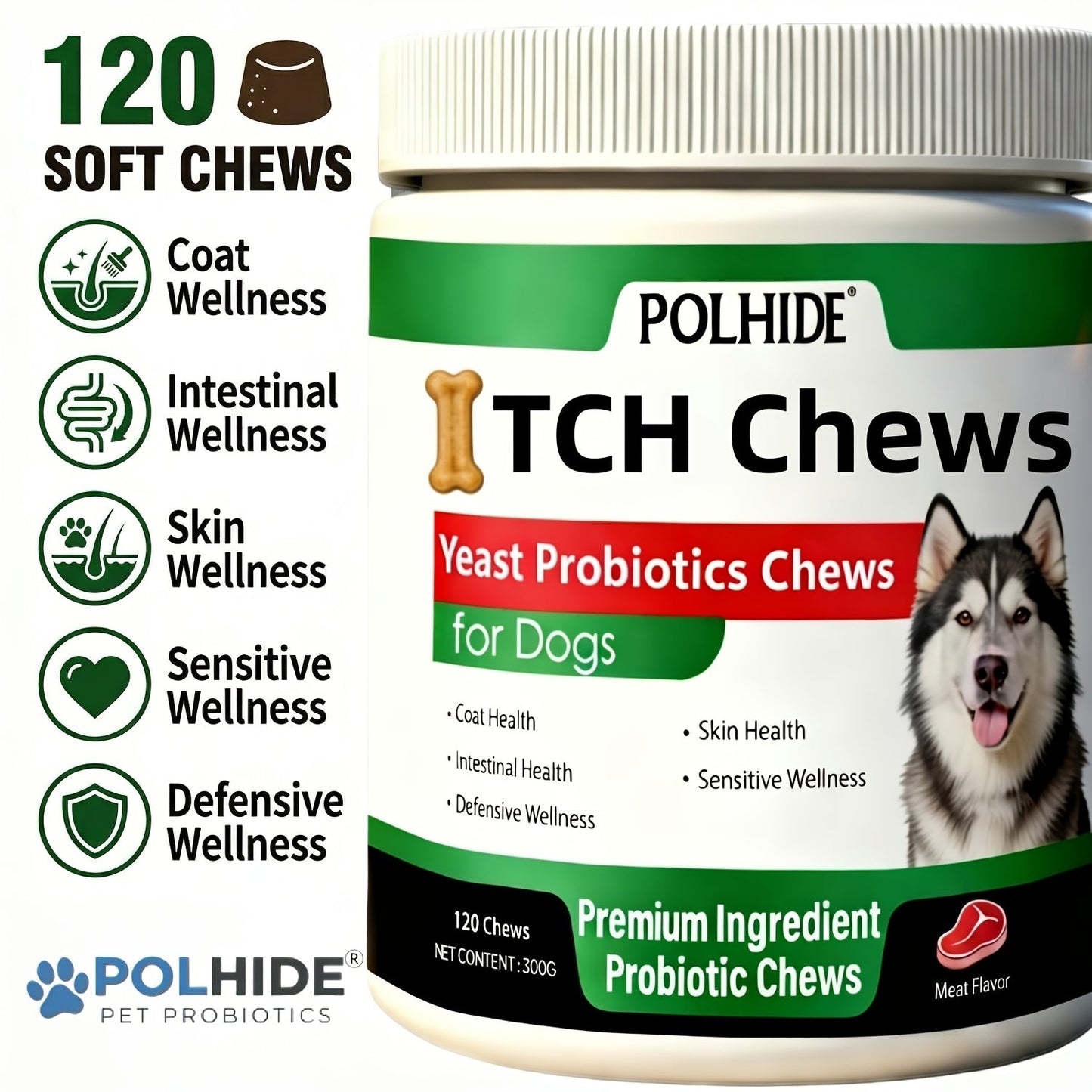 Dog Probiotic Chews 120 Count Heart-Shaped Soft Chews with Yeast & Meat Flavor | Supports Gut Health Coat & Immunity | All Breeds All Ages | 120-Day Supply Pet Digestive Supplement Daily Wellness Chew
