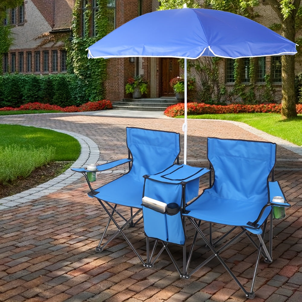 Folding Fishing Chair with Sun Umbrella – 2-Seat Portable Outdoor Chair, Iron Alloy Frame & Oxford Fabric, Built-In Storage Bag & Carry Bag, for Beach, Patio, Camping & Sunbathing, 4 Colors