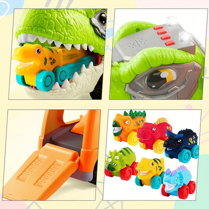 T-Rex Carrier Truck Toy with 6 Mini Rubber Dinosaur Cars LED Lights & Roaring Sound – Sliding Ramp Launch Two-Level Storage Transport Vehicle for Toddlers Kids Ages 2-6 Birthday Gift Boys Girls