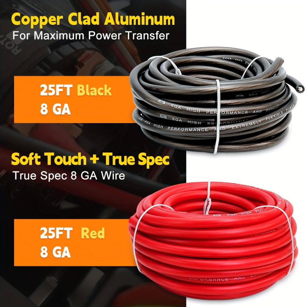8 Gauge Car Audio Wire 50ft CCA – 25ft Red Power + 25ft Black Ground Cable, Flexible PVC Jacket, Anti-Oxidation, for Amplifier Speaker Battery Automotive Marine Wiring