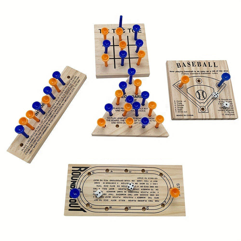 Wooden Board Game Set 5-in-1 – Luban Lock Puzzle Brain Games with Peg Board, Dice & Plastic Pieces, Classic Family Strategy Games Kit for Kids Adults, Educational STEM Toy Gift