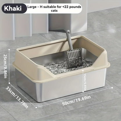 Oversized Stainless Steel Cat Litter Box with Lid – High Walls Non-Stick Leakproof, Includes Litter Scoop, XL & XXL in Khaki Gray Black