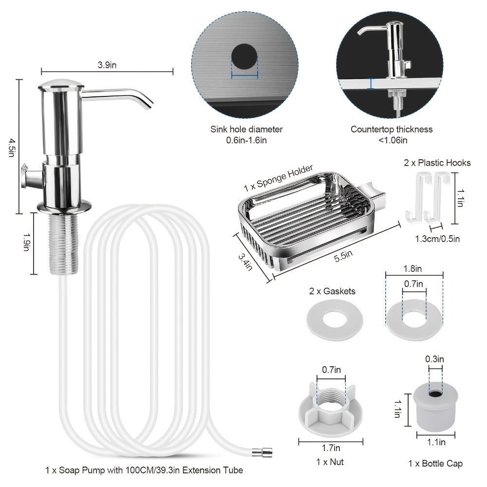 Kitchen Soap Dispenser Set with Sponge Holder & 39" Extension Tube, 360° Rotating Pump, No-Drill DIY Install for Kitchen Sink Bathroom Counter & Laundry Room, Fits 24-40mm Countertop Holes