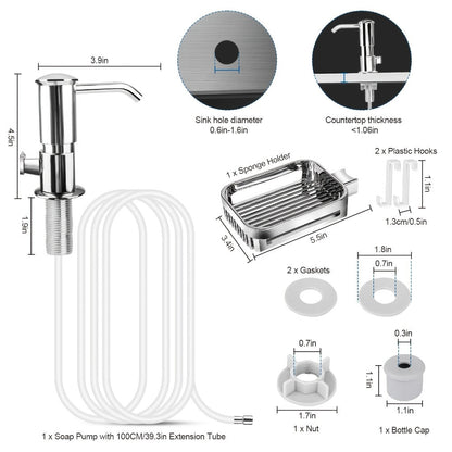 Kitchen Soap Dispenser Set with Sponge Holder & 39" Extension Tube, 360° Rotating Pump, No-Drill DIY Install for Kitchen Sink Bathroom Counter & Laundry Room, Fits 24-40mm Countertop Holes