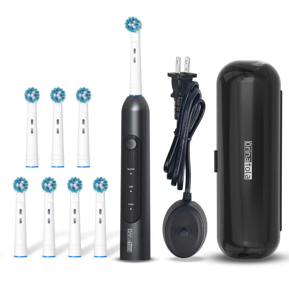 Rotating Electric Toothbrush with 8 Replacement Heads – Wireless Induction Charging, 3 Cleaning Modes, IPX7 Waterproof, Oral Care Gift for Family, Friends & Parents – Blue, Purple, Black