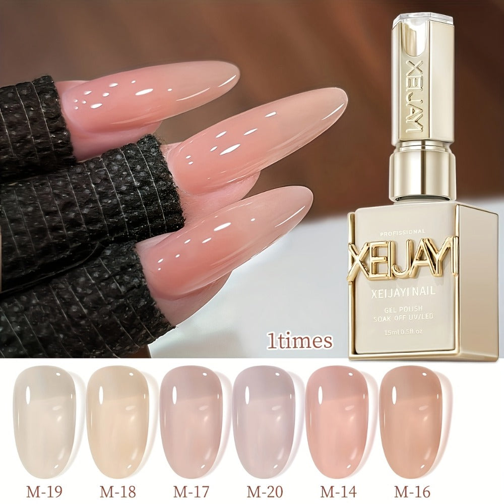 Jelly Gel Nail Polish Set 6 Colors Glass Nail Look Translucent Buildable Coverage 0.51oz Each - Semi-Permanent Soak-Off UV LED High-Gloss Salon Finish Nail Art Kit for Women Shades M14 M16 M17 M18 M19 M20