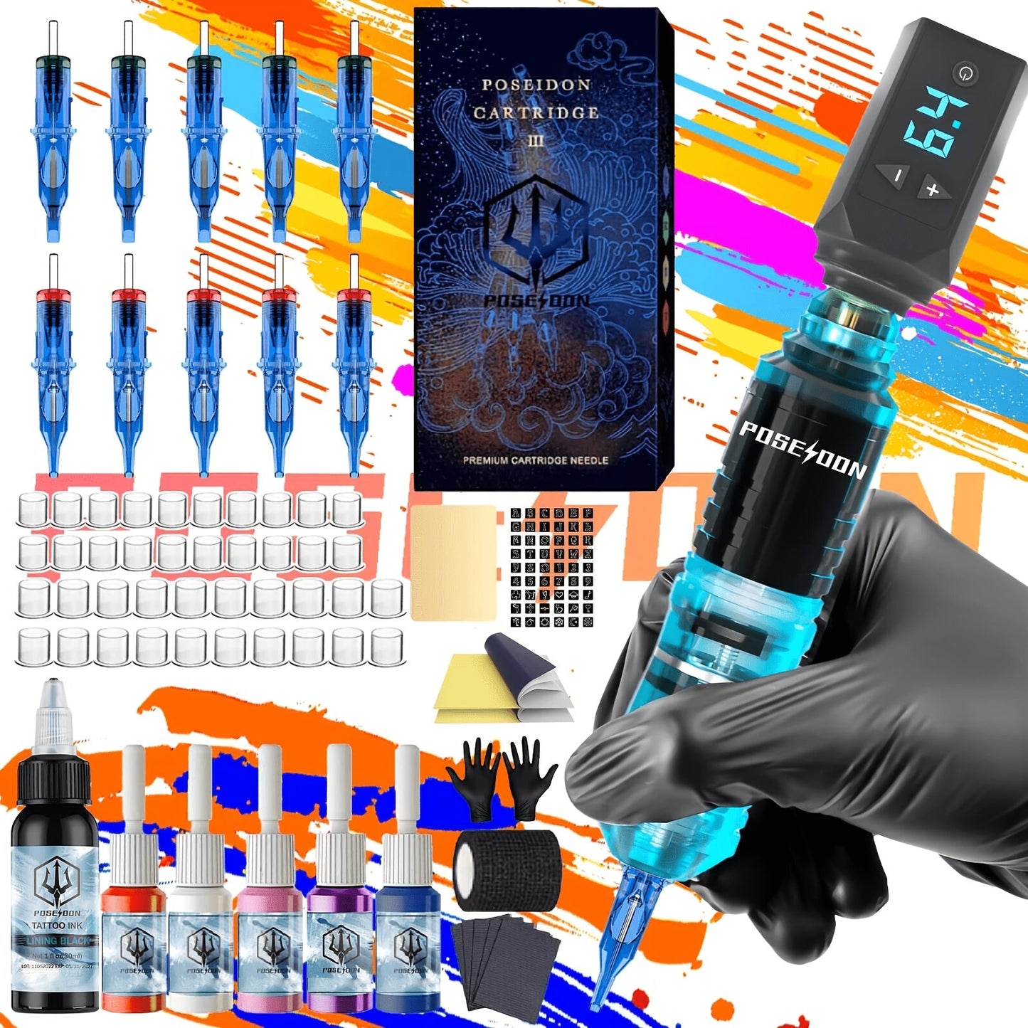 Wireless Tattoo Pen Kit Cordless Tattoo Gun with Power Supply 10 Cartridge Needles 6 Color Inks LCD Screen – Complete Rotary Tattoo Machine Set for Beginners & Professional Artists Home Studio