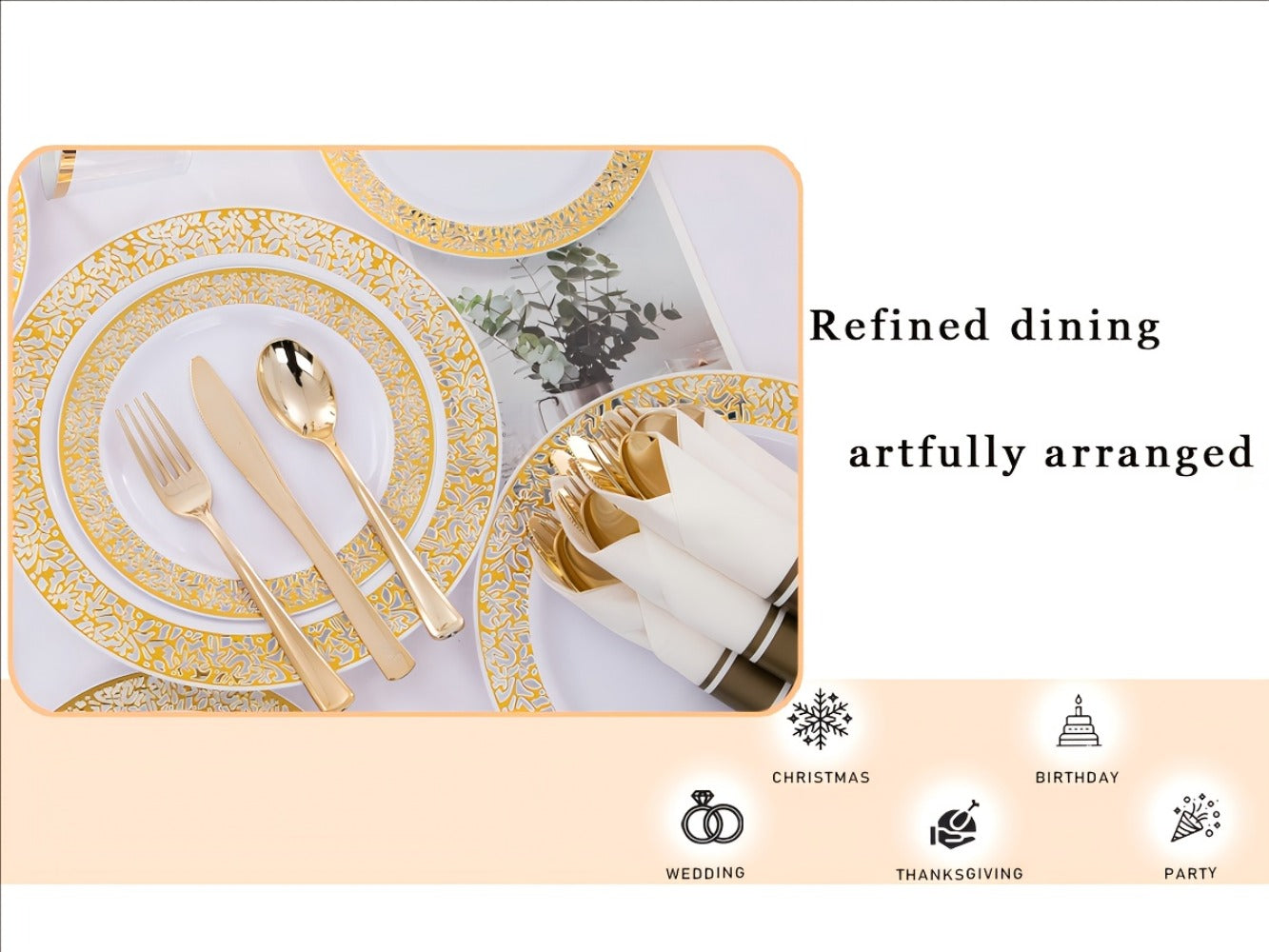 Gold Disposable Dinnerware Set for 50 Guests 350pcs – Includes Dinner Plates, Dessert Plates, 9oz Cups with Gold Rim, Pre-Rolled Napkins & Gold Cutlery | Perfect for Wedding, Party & Holiday Celebration