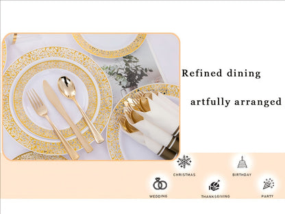 Gold Disposable Dinnerware Set for 50 Guests 350pcs – Includes Dinner Plates, Dessert Plates, 9oz Cups with Gold Rim, Pre-Rolled Napkins & Gold Cutlery | Perfect for Wedding, Party & Holiday Celebration