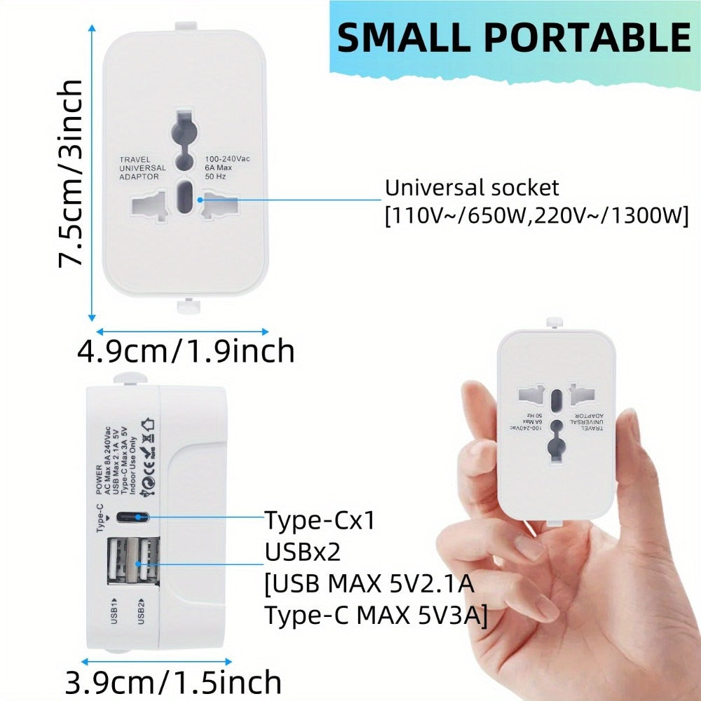 Universal Travel Adapter with Surge Protection - 2 USB & Type-C Ports, All-in-One International Plug for 350+ Countries, 100-240V Input, Fast Charging, Compact Lightweight Design, White & Black