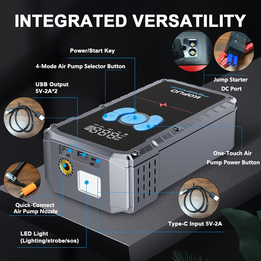 KOPUO 20000A Peak 12V Jump Box, Optional 6000A Jump Starter, Heavy Duty Car Jump Starter And Air Compressor, 150PSI Cordless Tire Inflator with Digital Gauge, All-in-One for 2.64gal Gas/2.11gal Diesel Vehicle, 3-Mode LED Light Camping Emergency