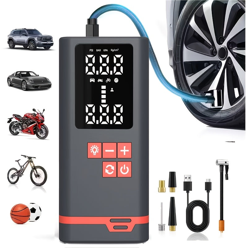 Portable Tire Inflator Air Compressor, Quick Wireless Air Pump, with Digital Display Screen, LED Light, USB Charging, Includes Multi-Function Nozzle Adapter, Lithium Battery, Suitable for Car, Motorcycle, Bicycle Tires, Balls, Car Parts, Sports Balls