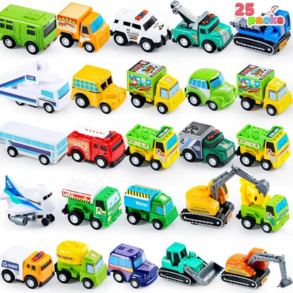 25PCS Pull Back Cars & Trucks Toy Vehicle Set for Kids – Fire Truck, Police Car, School Bus & More, Party Favors, Easter Basket Stuffers, Birthday Christmas Gift for Boys & Girls