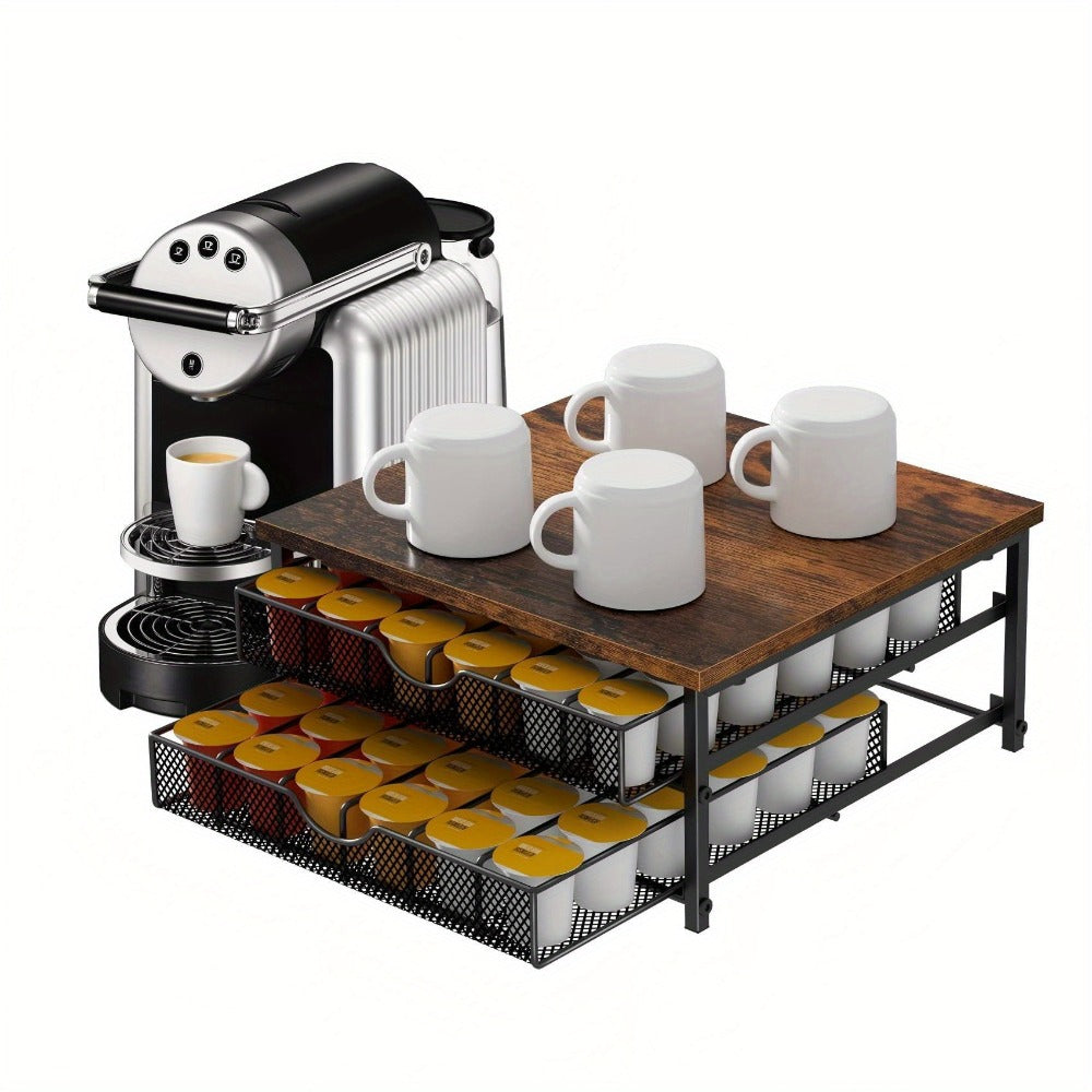 K-Cup Coffee Pod Holder 72 Capacity – 2-Tier Sliding Drawer Coffee Pod Organizer with Wood Top & Metal Frame, Non-Slip Base, Stackable Countertop Storage for Home, Office & Cafe – Silver