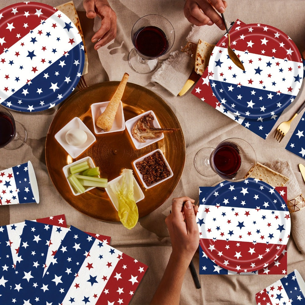 4th of July Party Supplies 140 Pcs – Patriotic Disposable Paper Plates & Napkins for Independence Day BBQ, Memorial Day & Red White Blue Party Decorations Serves 20 Guests