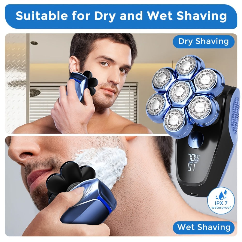 7D Head Shaver Bald Men 5-in-1 Waterproof Wet Dry Electric Razor – Type-C Rechargeable 6500-7500RPM Rotary Grooming Kit with Nose Hair Trimmer for Home & Travel, Perfect Gift for Men