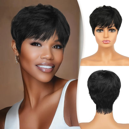 Short Fairy Wig Human Hair Brazilian 150% Density Glueless Rose Net Cap Natural Black 4 Inch Beginner Friendly Elegant Daily Wear Special Occasion Women
