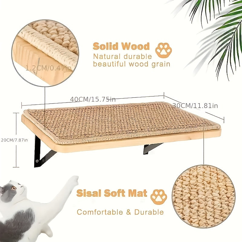 Sisal Mat Wall-Mounted Cat Climbing Frame with Hammock Wooden Perch Observation Platform Scratch Pad Indoor Cat Wall Furniture Resting Area