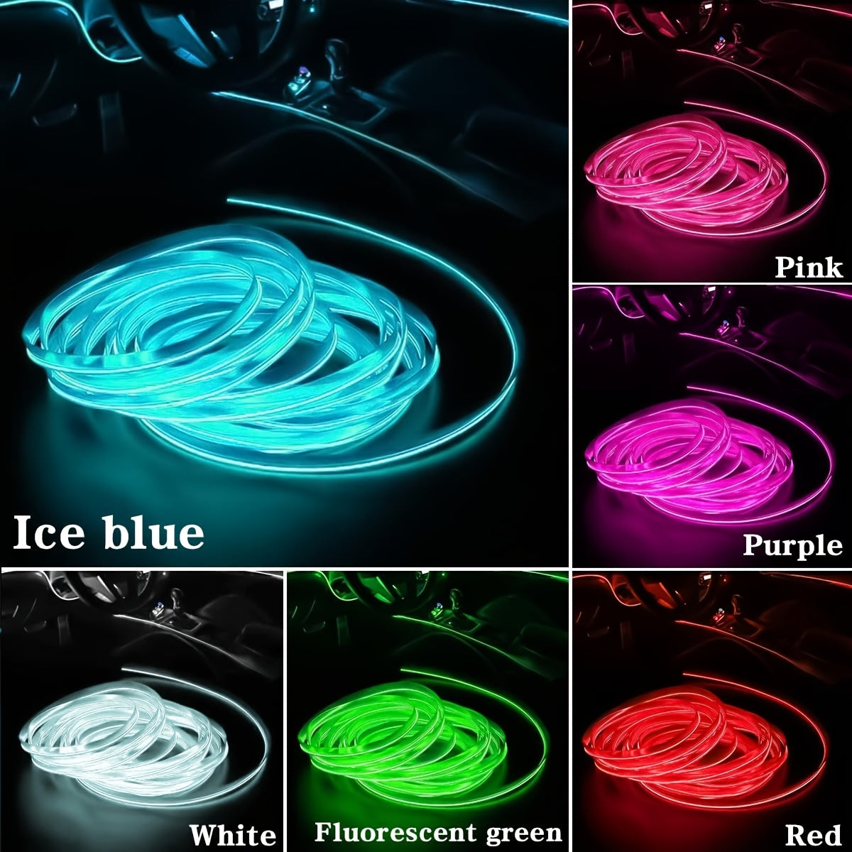 2pcs/Set16ft 5V USB Auto Neon Light Strip, EL Wire Car Interior LED Strips Lights, Electroluminescent Vehicle Interior Ambient Lighting Decor Accessories, Universal for RV, SUV, Truck Car