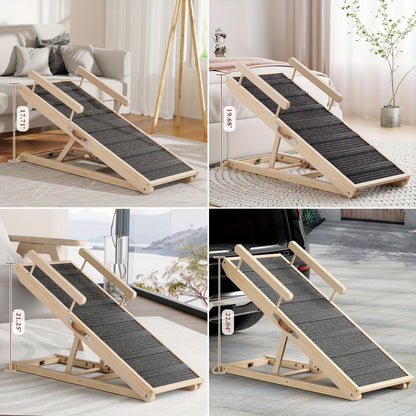 Dog Ramp for Bed & Sofa – Foldable Wooden Pet Ramp with Safety Guards, Adjustable Height, Holds 250 lbs, Indoor Outdoor Dog Steps for Small Medium Large Dogs, Couch Car Ramp