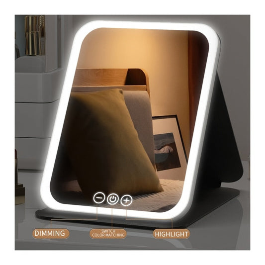 Portable LED Makeup Mirror Folding with Touch Screen - USB Rechargeable Vanity Mirror, Tri-Color Dimmable Lighting, Travel Desk Tabletop, Square or Round Shape, Pink or White, Cordless Beauty Mirror