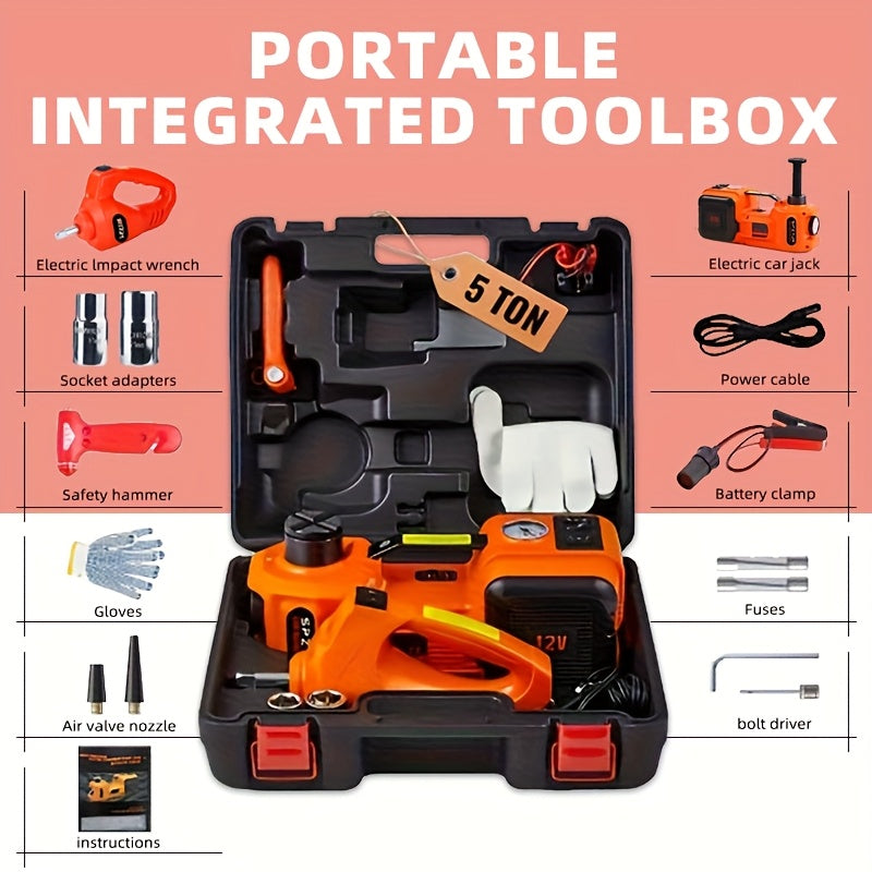 5 Ton Electric Hydraulic Car Jack Kit | 12V DC, 3-in-1 with Tire Inflator Pump, LED Flashlight, and Electric Impact Wrench, Alloy Steel, Ideal for Car, SUV, MPV, Truck Tire Change and Emergency Repair