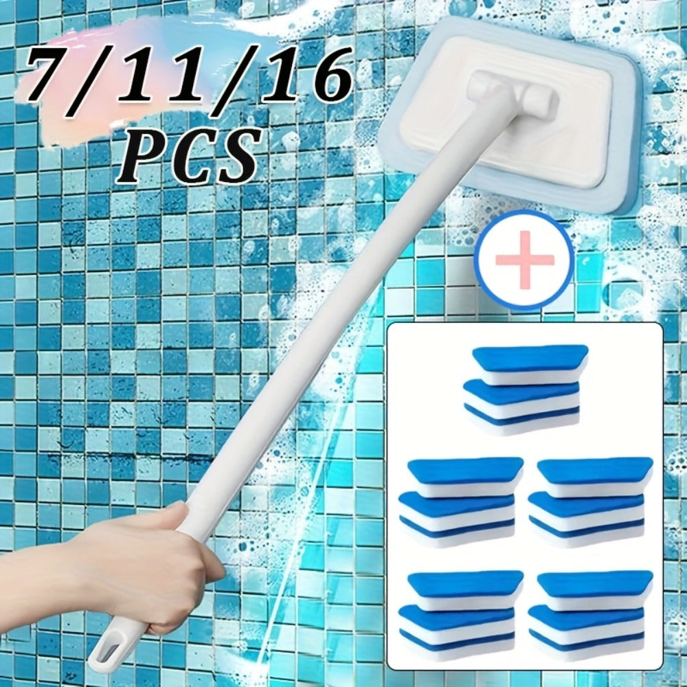 Shower Cleaning Brush Set Replaceable Heads – Bathtub Scrubber, Wall Tile Brush, Window Glass Cleaner & Floor Brush, Detachable Extendable Handle Bathroom Deep Cleaning Kit (7/11/16 PCS)