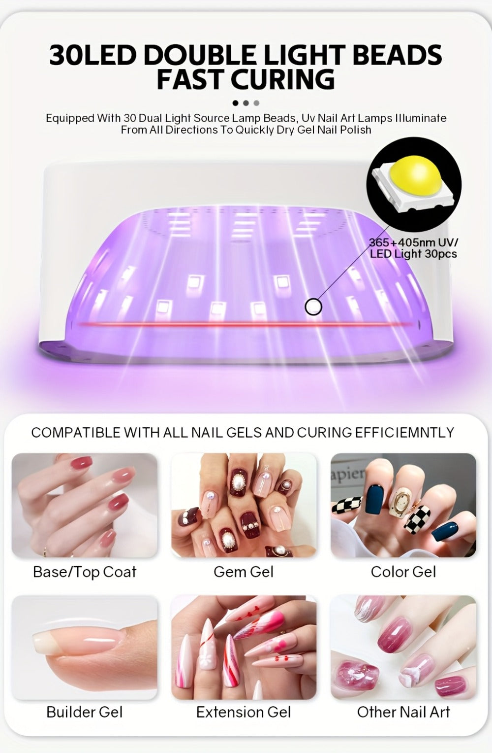 Rechargeable UV LED Nail Lamp 30 Beads – Professional Gel Nail Curing Light Cordless with 3 Timer Settings | Fast Curing Nail Dryer for Home & Salon, Compatible All Gel Polish