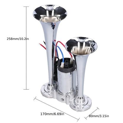 Loud Air Horn for Truck - 130dB Double Tube Aluminum Alloy with Compressor, 12V/24V Universal, Super Loud for SUV, Boat, Motorcycle, Off-Road, Bus, Quick Install