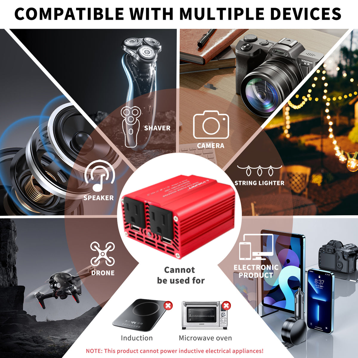 LVYUAN 200W Power Inverter for Vehicles DC 12V to 110V AC Car Plug Adapter Outlet Converter with 2 USB Fast Charging Ports and 2 AC Outlets Car Charger Adapter