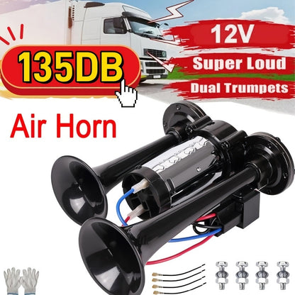 Dual Air Horn Kit 12V/24V 105-137dB with Air Compressor - Super Loud Aluminum Alloy Trumpet Horn for Truck, Train, SUV, Motorcycle, Car & Boat, Universal Electric Horn Easy Install