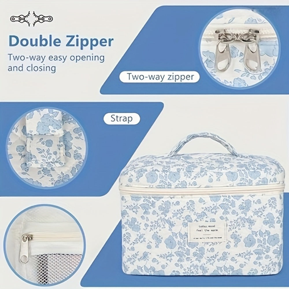 Quilted Makeup Bag Set 3 Pcs Floral Pattern Large Capacity Travel Cosmetic Organizer with Gold Zipper — Polyester Skincare Toiletry Pouch Blue Pink Peacock for Women